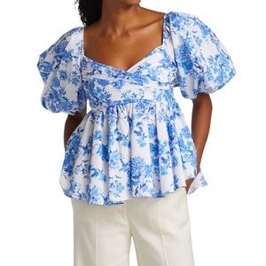 Caroline Constas White and Blue Floral Puff-Sleeve Peplum Top